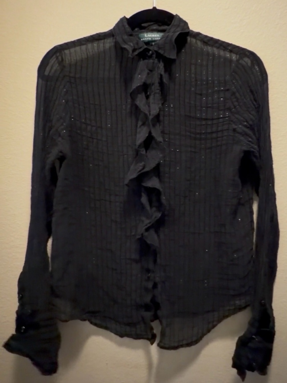 Lauren Ralph Lauren Black Ruffle Blouse Silk Blend VTG Y2K Size S Dark Academia